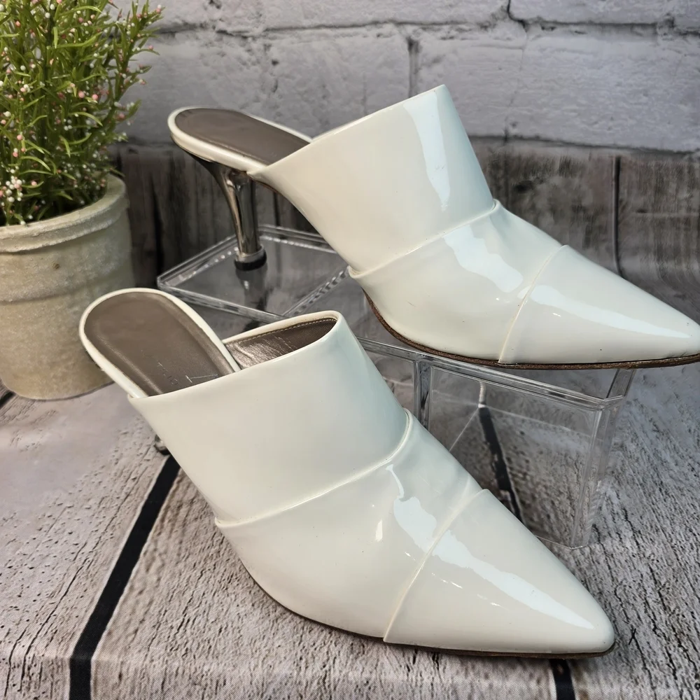 AGL ATTILIO GIUSTI LEOMBRUNI POINTED TOE MULE WHITE PATENT SMALL HEEL WOMENS 38 - Picture 2 of 12